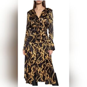GANNI Baroque Print Silk Blend Ruched Midi Dress Black Gold EU 36 US 4